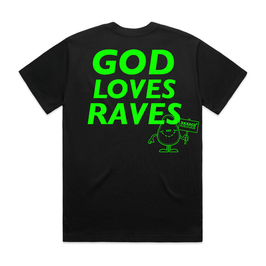 GOD LOVES RAVES T-SHIRT (VIVID GREEN)